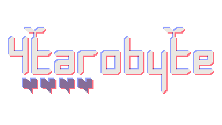 4tarobyte logo, '4tarobyte' in pixel text with four purple pixel hearts underneath it and two-leafed seedlings sprouting from each t